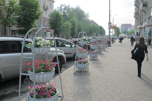 Цветочные кашпо установили около Центрального рынка в Могилеве