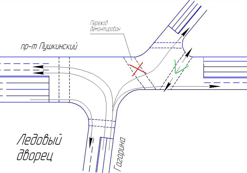 В Могилеве на перекрестке Пушкинского с Гагарина и Большой Чаусской изменено направление пешеходного перехода и режим работы светофора
