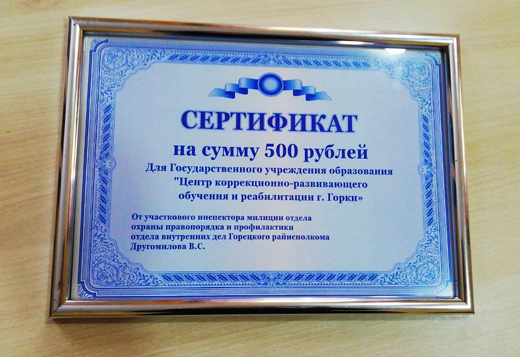Участковый из Горок передал материальную компенсацию в центр коррекционно-развивающего обучения