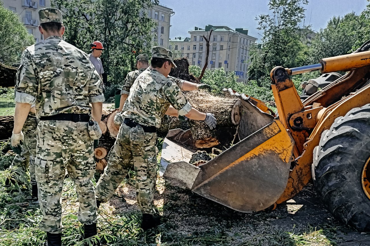 Милиционеры и военнослужащие внутренних войск МВД помогают расчищать дороги и дворы от поваленных ураганом деревьев