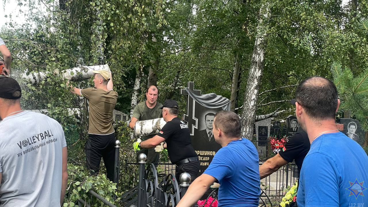 Спасатели расчищают завалы после стихии на кладбище в деревне Затишье Могилевского района