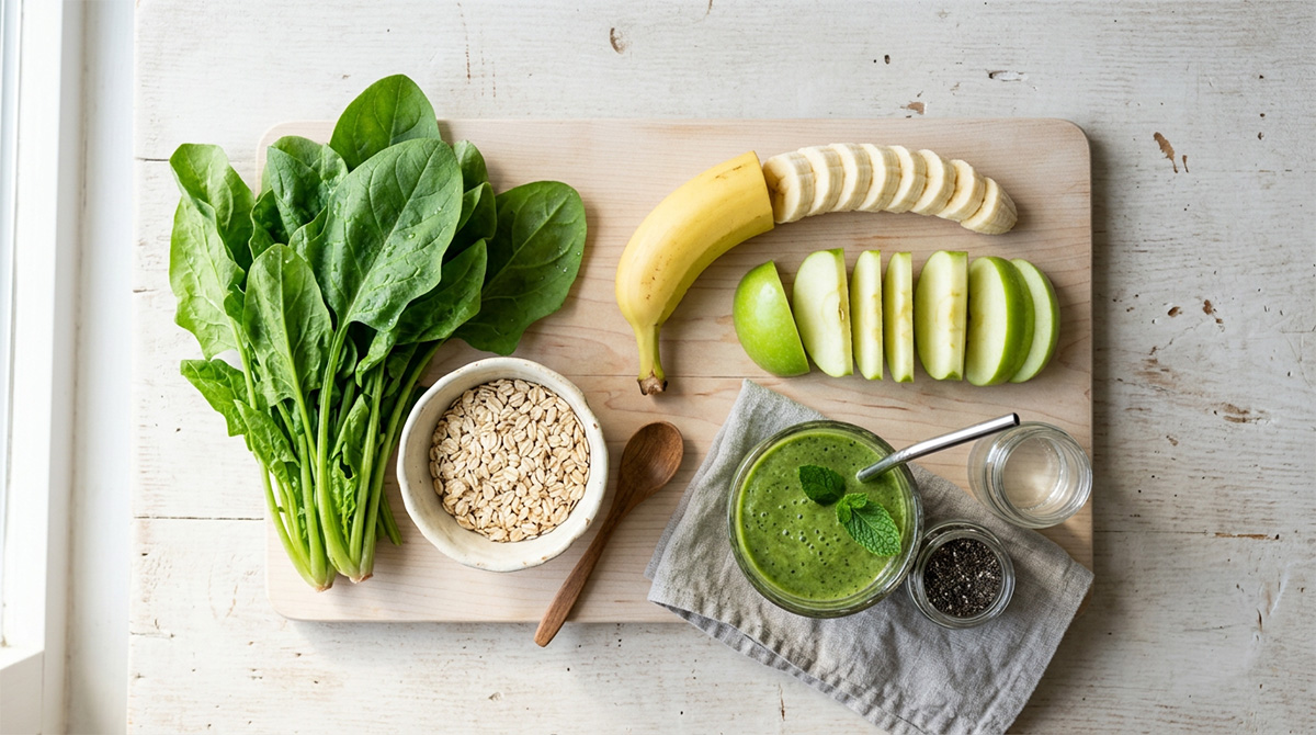 Ингредиенты для смузи: банан, яблоко, шпинат, овсянка