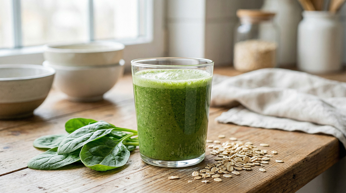 Зеленый смузи с овсянкой в стакане, свежие листья шпината рядом